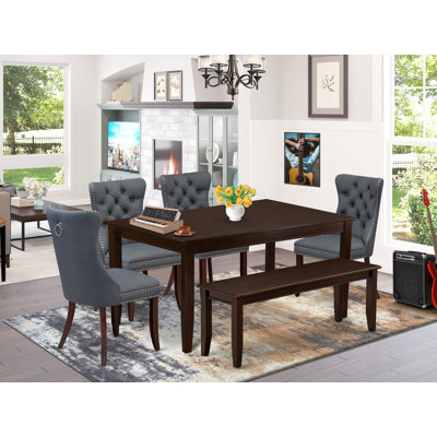 Ensemble de table de salle à manger 6 pièces composé d'une table de cuisine rectangulaire et de 4 chaises rembourrées en polyester avec banc, 36 x 60 pouces, acajou
