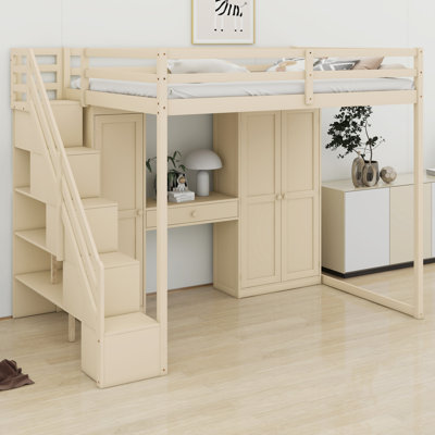 All-In-One Loft Bed With Storage Staircase, Dressing Table With Mirror, Wardrobe, USB Ports And Lights