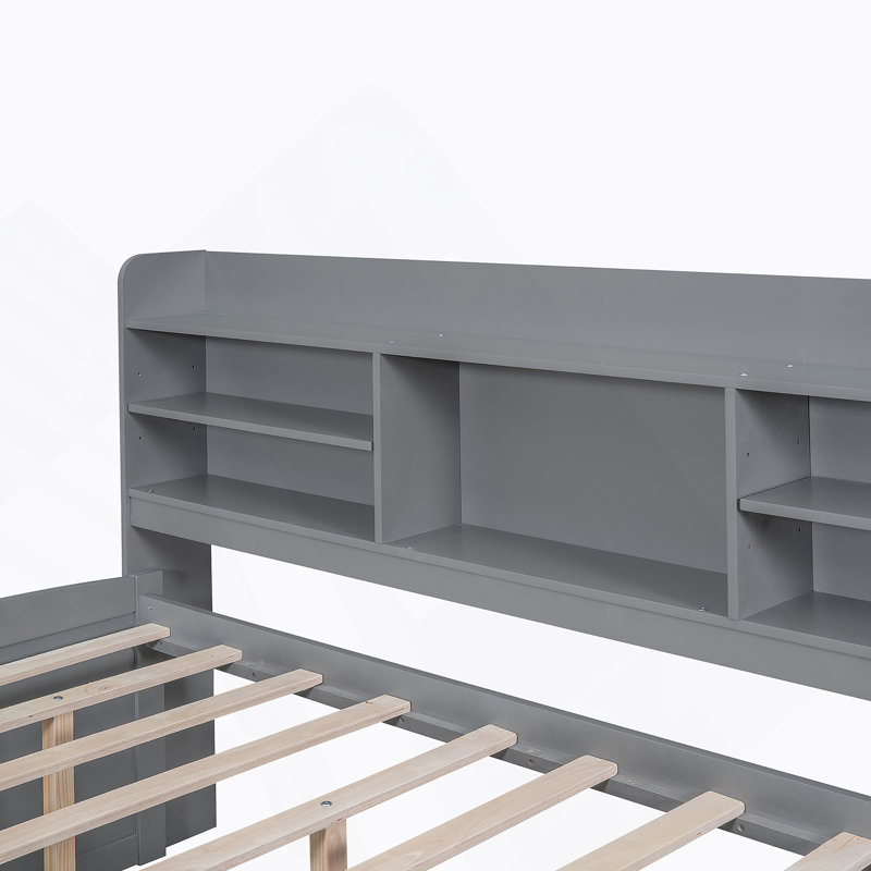 Wooden Captain Bed with Built-in Bookshelves,Storage Drawers and Trundle, Gray