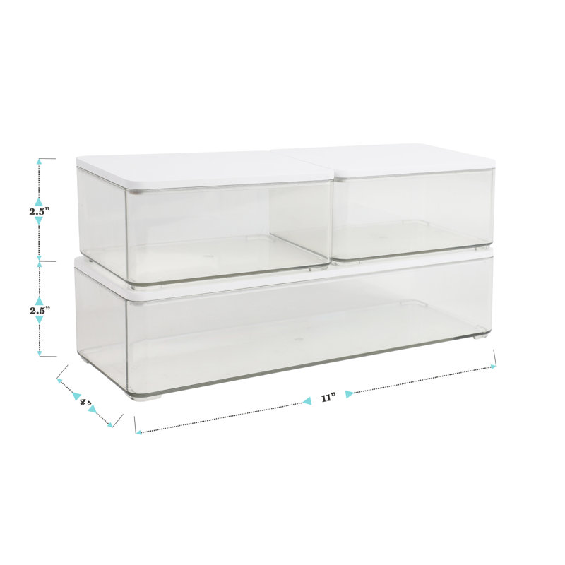 Clear Plastic Stackable Storage Boxes with White Lids, Set of 3