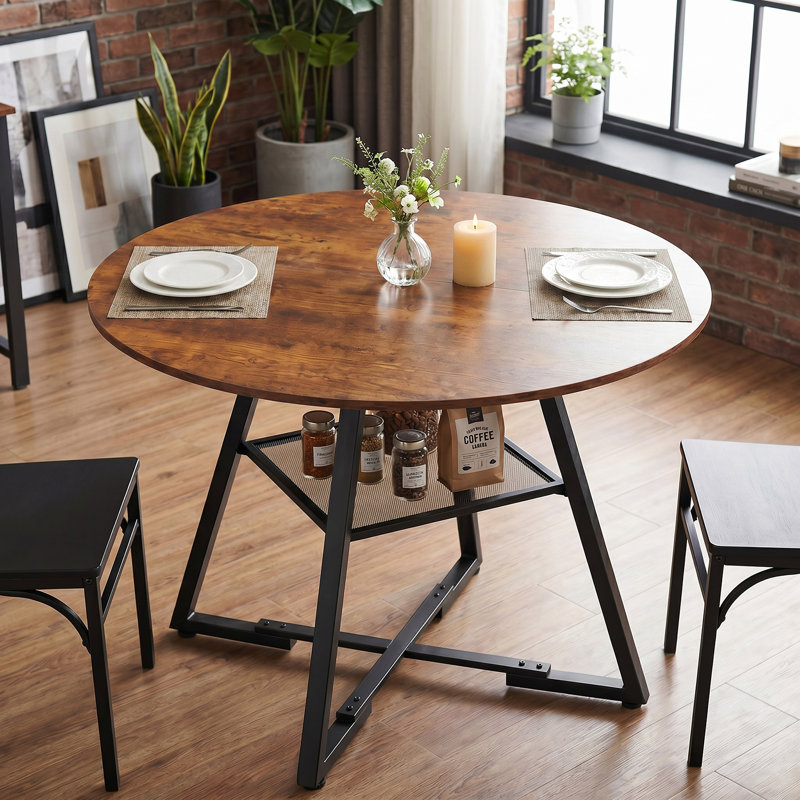 Industrial Round Dining Table with Cross Legs for 4 People, Fixed Kitchen Table with Mesh Storage Shelf, Rust Brown