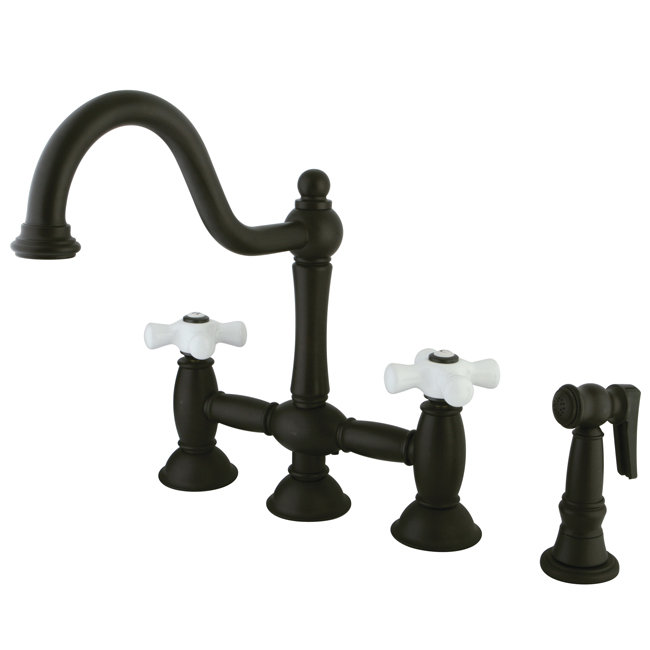Robinet de pont espacé à poignées doubles avec poignées transversales en porcelaine, Bronze huilé