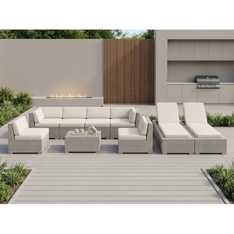 Ensemble de conversation modulaire en rotin avec coussins 9 pièces Barna - aucun assemblage requis, Toile Sunbrella® naturel