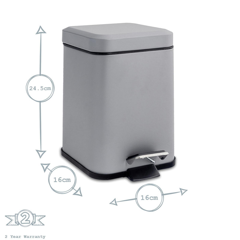 Harbour Housewares 3L Square Bathroom Pedal Bins, Grey