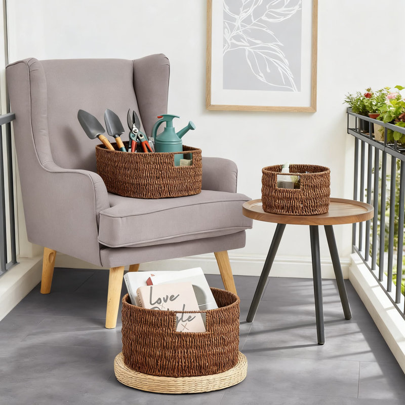 Paniers de rangement en corde de papier tissés à la main, paniers de rangement ronds tissés avec poignées, paniers empilables pour l'organisation à la maison, paquet de 3