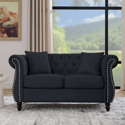 Canapé Chesterfield 58,8 po en velours noir pour salon, canapé 2 places capitonné avec accoudoirs roulés et tête de clou