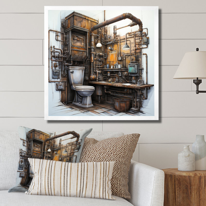 Toilet Industrial Chic Mixed I - Bath & Laundry Canvas Prints, H 36 po x l 36 po x P 1,5 po, Cadre simple blanc