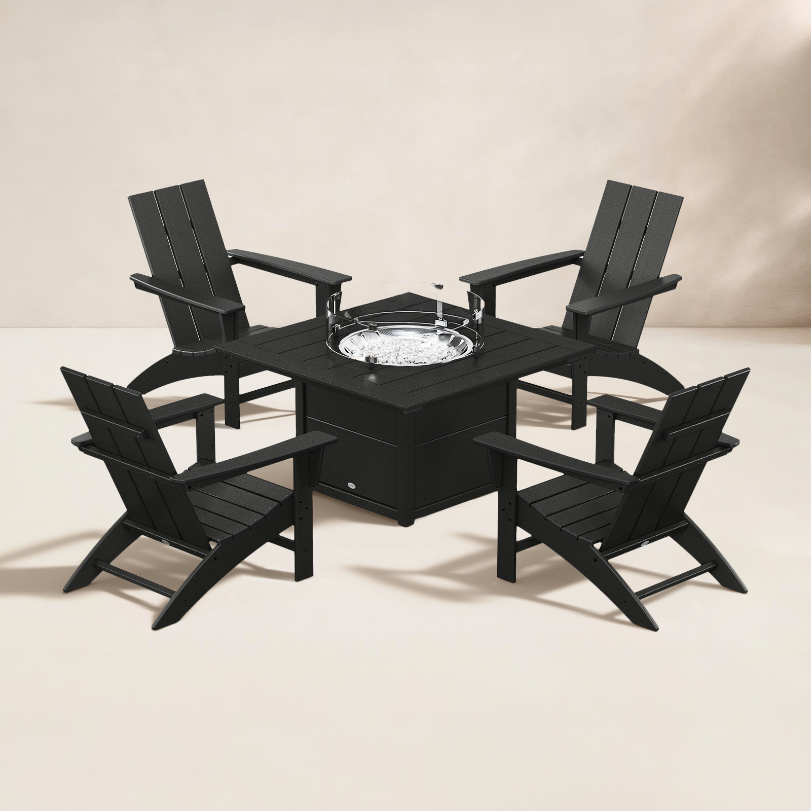 Modern 5-Piece Adirondack Chair Conversation Set with Fire Pit Table, Black