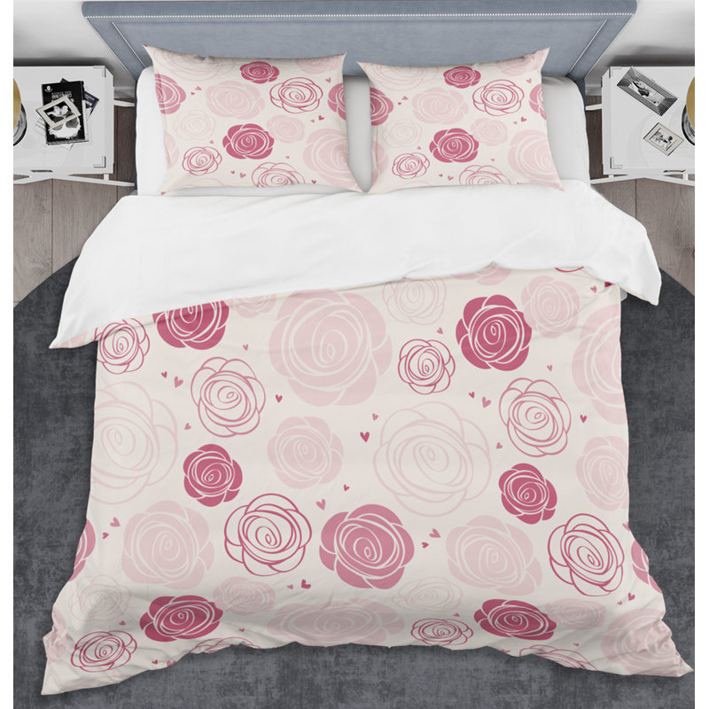 Ensemble de housse de couette mid-century roses, Housse de couette très grand + 2 taies décoratives