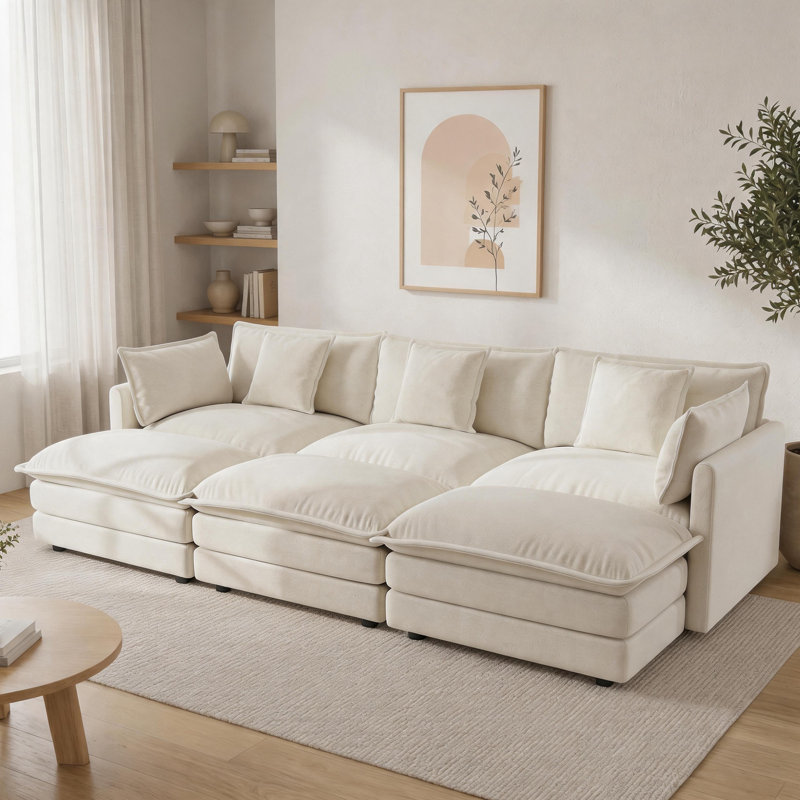 Canapé modulaire 110 po en L chenille avec repose-pieds réversible, Chenille beige