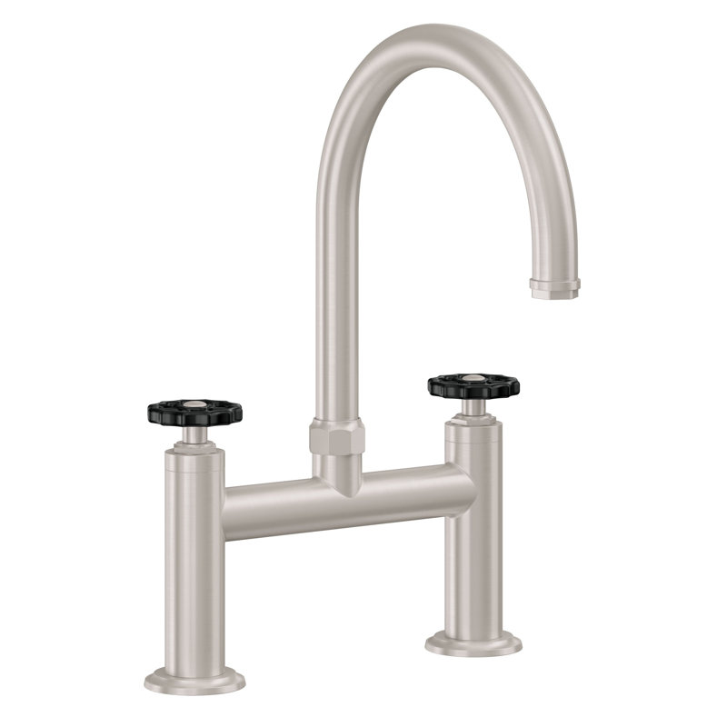 Bridge Kitchen Faucet - Arc Spout, Polished Brass, Without Side Spray, Black Wheel