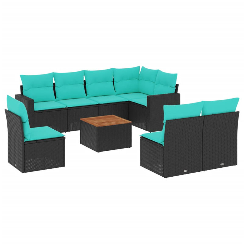 Ensemble de canapé de patio 9 pièces avec coussins en rotin de polyester, Bleu clair, Noir