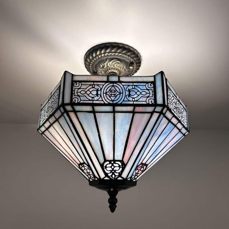 Plafonnier Tiffany avec ampoules hexagonales à DEL en vitrail incluses l 12 po x P 12 po x H 12 po, Bleu / rose