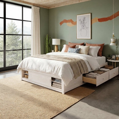Structure de lit grand format avec tiroirs et pied de lit, rangement peu encombrant