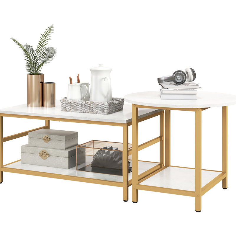 Tables de salon, surface en faux marbre et acier, blanc, table basse attrayante, finition blanche, 2