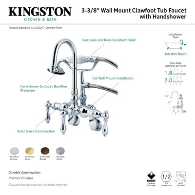 Kingston Brass Vintage Three-Handle 2-Hole Tub Wall Mount Clawfoot Tub Faucet with Hand Shower