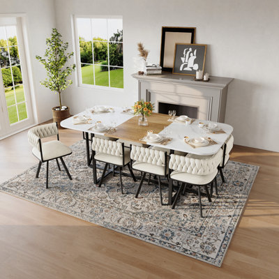 Ensemble de table de salle à manger 9 pièces carrée, plateau de table en fausse marbre fixe et grain de bois avec 8 chaises en velours, ensemble de table de cuisine moderne pour 8 personnes, idéal pour les réunions de famille, la salle à manger