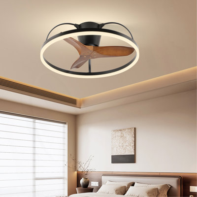 Ventilateur de plafond à pales en bois massif avec lumière et télécommande - Conception à profil bas de 24 po, ventilateur à DEL encastré moderne à intensité variable 3000-6000K, Fandelier pour chambre à coucher, cuisine, salon