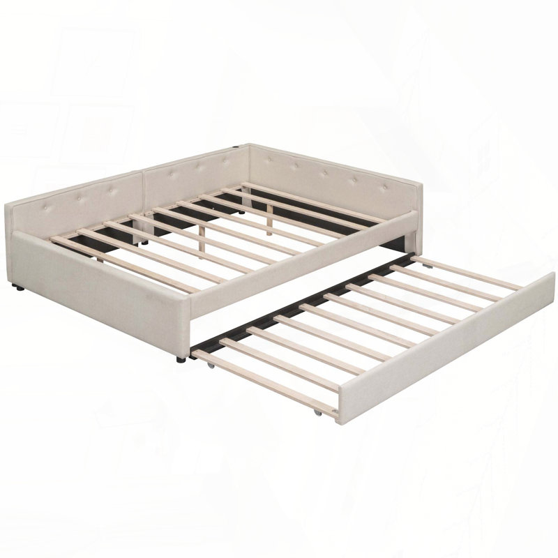 Grand lit plateforme tapissier avec port USB et lit gigogne simple, beige