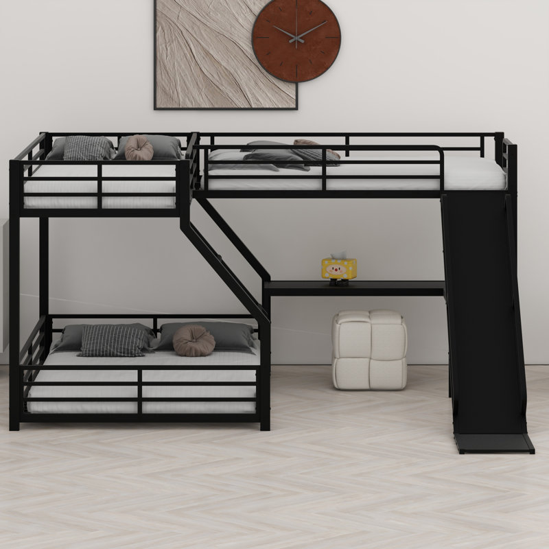 Lit superposé en L avec lit mezzanine, lit superposé triple en métal avec glissade et ports USB, Simple TG sur grand
