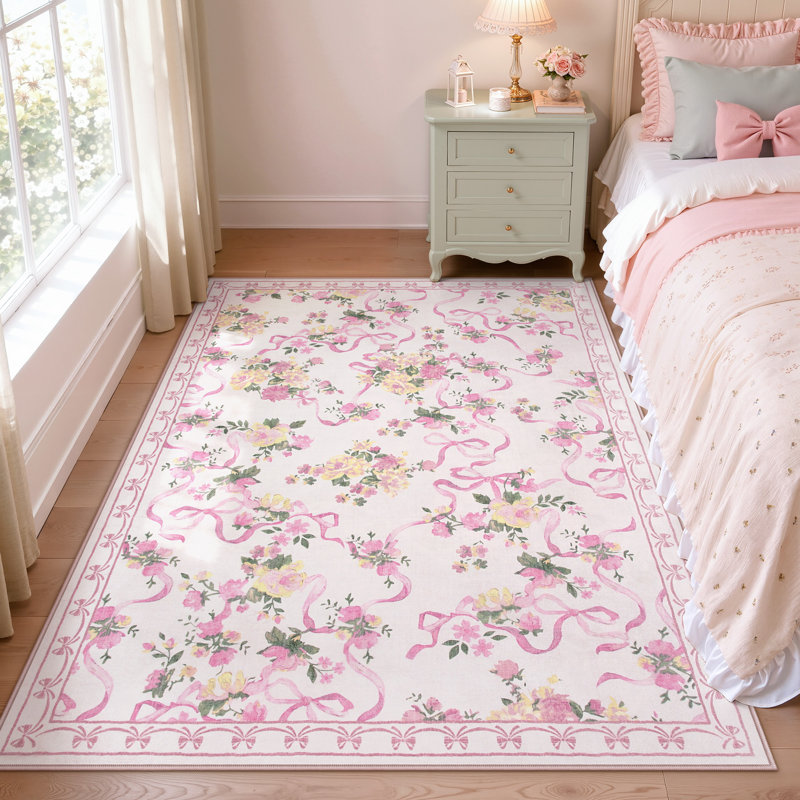 Tapis intérieur lavable antidérapant Boho, Pink, Rectangle 5' x 7'