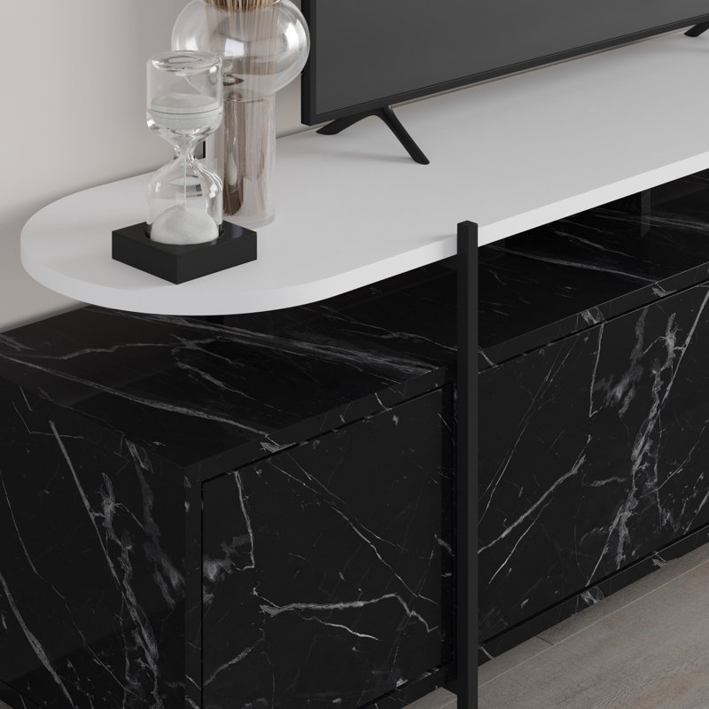 Meuble télé moderne avec tablette murale (2 pièces), noir et blanc, 63,0 x 19,0 x 14,0 pouces | 100% panneau de particules enduit de mélamine, épaisseur: 0,7 pouce | Charnières à fermeture en douceur, design élégant, fixation murale, grand espace de rangement
