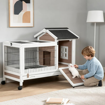 Wooden Rabbit Hutch with Wheels & Deeper Pull-Out Tray, Bunny Cage with Removable Wire Floor Grid, Brown
