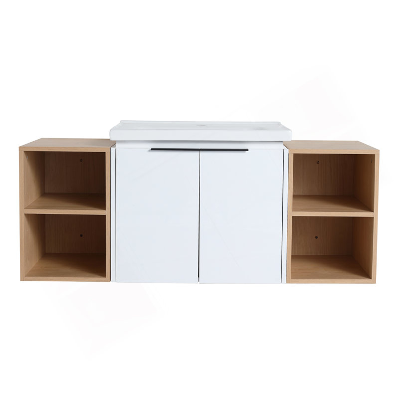 Meuble-lavabo luxueux avec portes à fermeture douce et deux petites tablettes de rangement, offrant commodité et style.