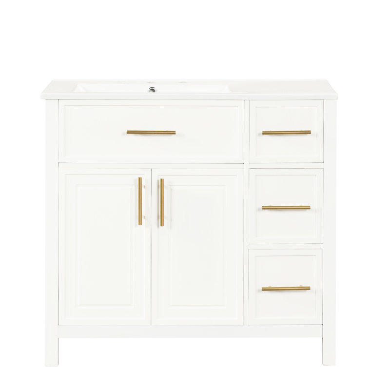 Armoire de meuble-lavabo 36 po, avec finition en bois massif et blanc, lavabo à gauche, 2 portes, 3 tiroirs en céramique - peint deux portes et trois tiroirs, position à gauche
