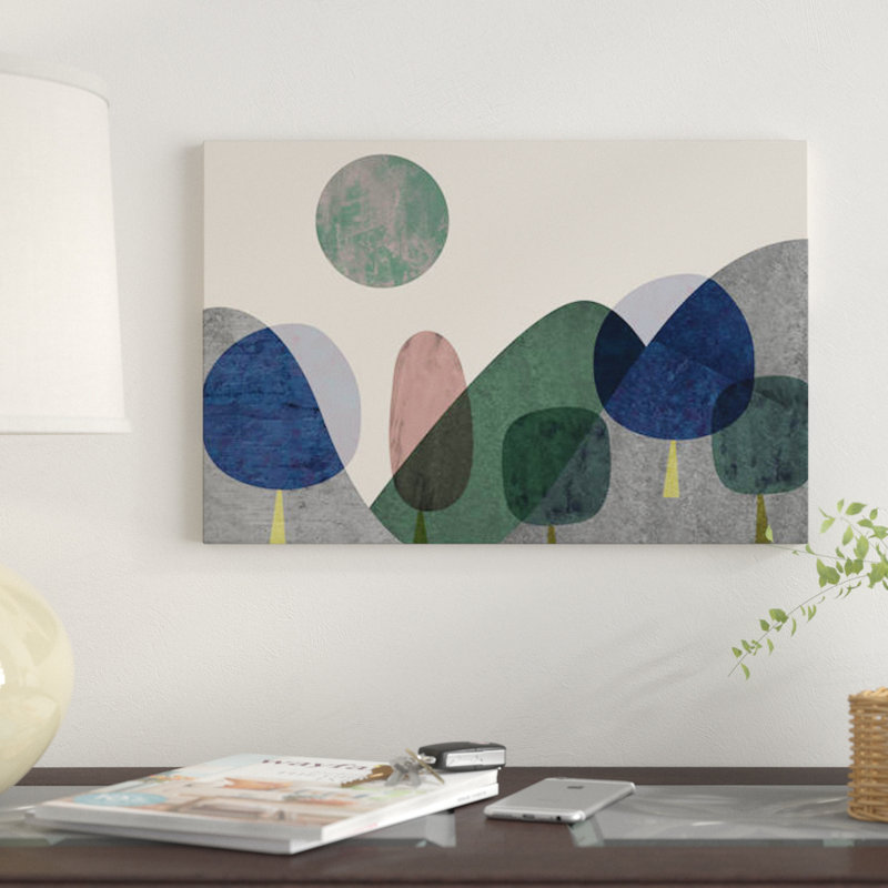 «Trees And Mountains» par Flatowl, impression sur toile, H 18 po x l 26 po x P 1,5 po, Toile avec cadre noir, Pas de tapis