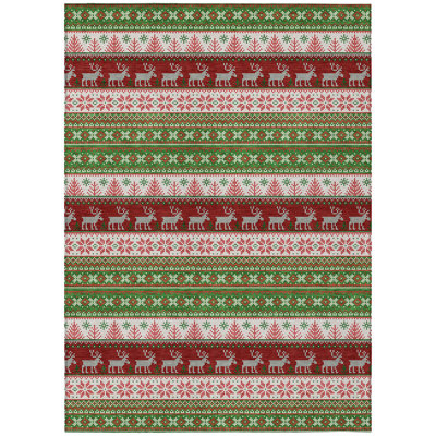 Machine Washable Indoor/Outdoor Christmas Reindeers Xhevrie Green Rug