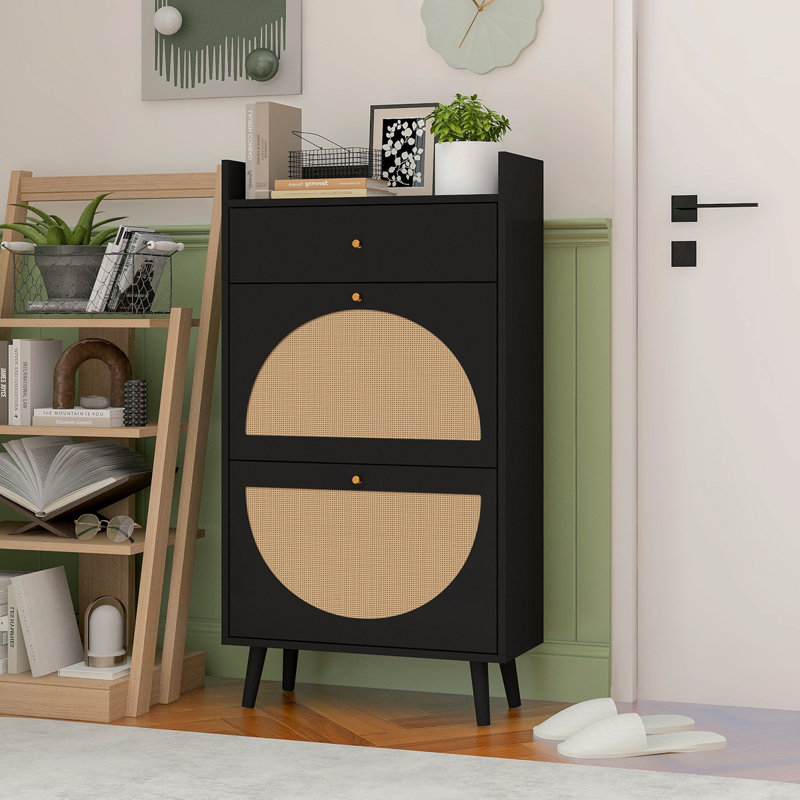 Armoire à chaussures en rotin 2 portes avec tiroir - Organisateur de hall d'entrée double couche avec pieds en bois de pin, noir