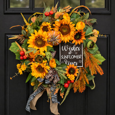 24" Farmhouse Fall Wreath with Pumpkin and Sunflower for Front Door Decor