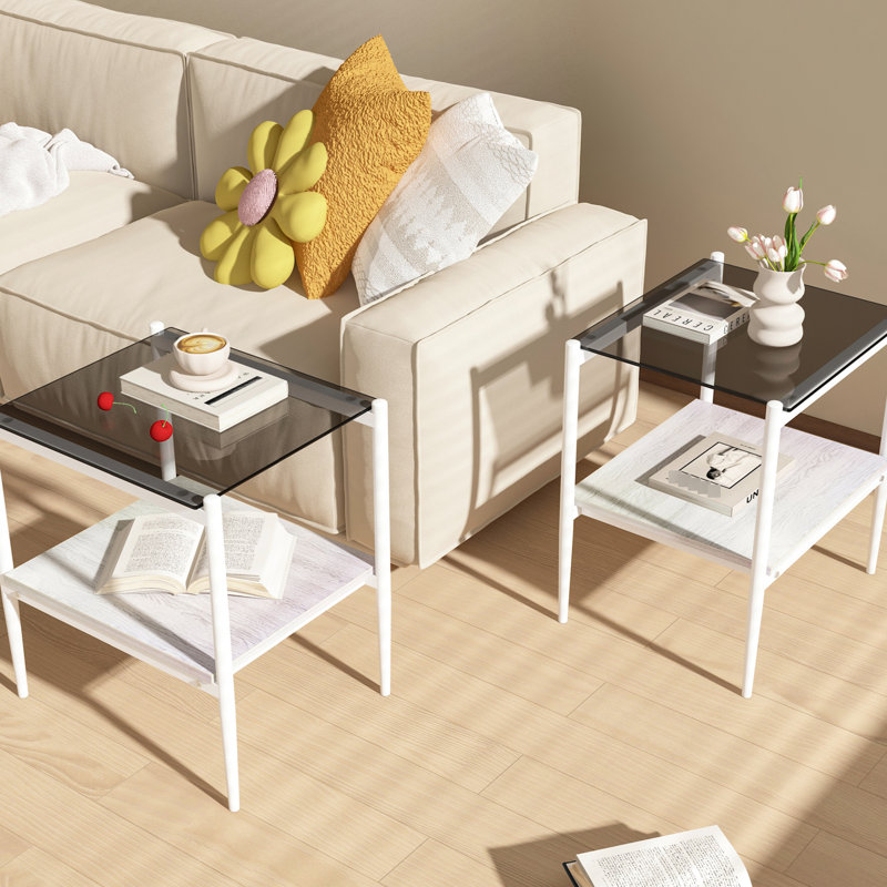 Table de bout grise en verre trempé de 2 couches, design d'intérieur moderne, l 19,1 po x l 15,09 po x H 21,11 po, pour un espace de vie élégant 2 tables rectangulaires à usage domestique, plateau de table avec capacité de charge de 110 lb, structure stable