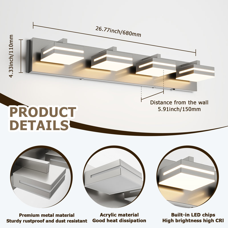 Modern Dimmable Bathroom LED Vanity Light over Mirror 5CCT Adjustable Lighting Fixture, Brushed Nickel, 4 Lights