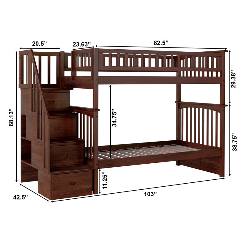 Flinn Kids Solid Wood Staircase Bunk Bed, Twin over Twin, Walnut