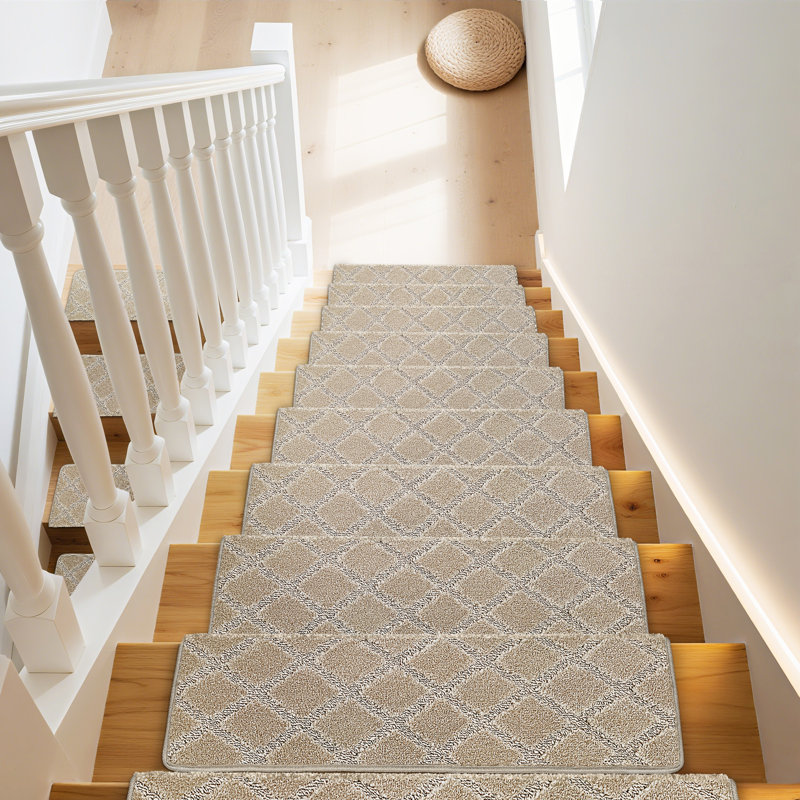 Tapis d'escalier bullnosés antidérapants, Treillis crème gris diamant, 14