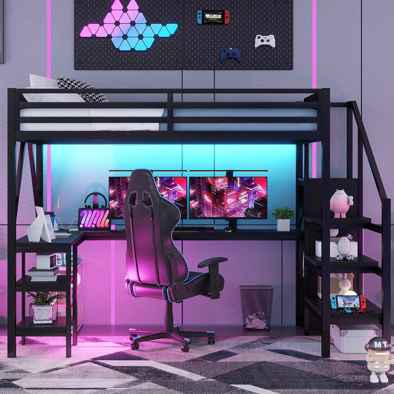Full Size Loft Bed With L Shaped Desk, LED Light And USB For Kids Teens Adults