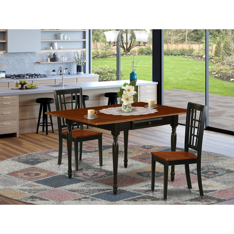 L'ensemble de table de salle à manger 3 pièces pour petits espaces comprend une table de salle à manger rectangulaire avec Dropleaf et 2 chaises en bois, noir et cerise