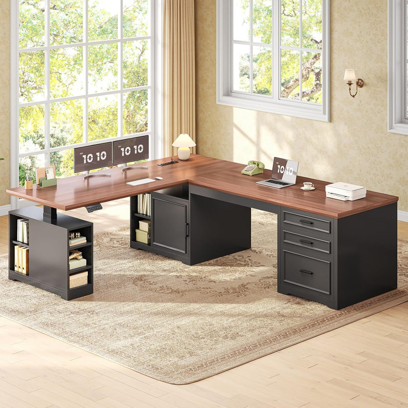 Bureau assis-debout électrique en forme de L de style ferme de 23,6 po de profondeur, Desktop Depth: 23.6", Noir