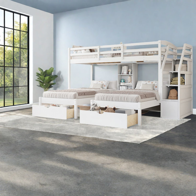 Triple lits superposés peu encombrants, bois de pin blanc avec rangement et tablettes polyvalentes