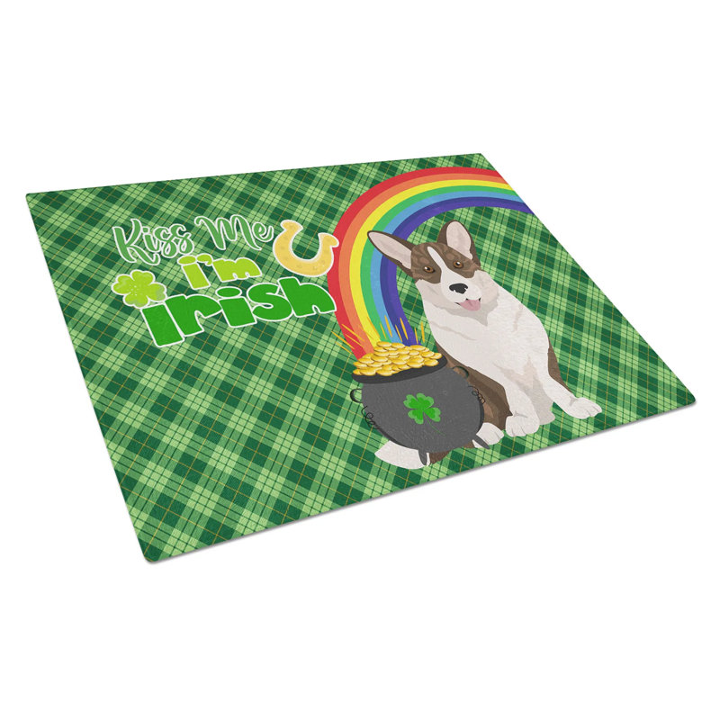 Planche à découper en verre trempé Brindle Cardigan Corgi St. Patrick's Day - Grande planche à découper décorative pour le service