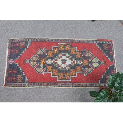 Handmade Wool Turkish Area Rug in Red and Blue Geometric Pattern for Traditional Bohemian Style Home Decor