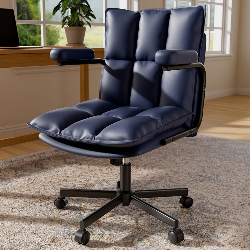 Blue Office Chair, Mid Century Modern Leather Desk Chair with Arms, Wheels, Thickend Back and Seat, Adjustable Height, Vintage Computer Chair for Home, Office
