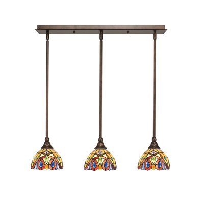3 Light Stem Hung Linear Pendalier, 7" Lynx Art Glass