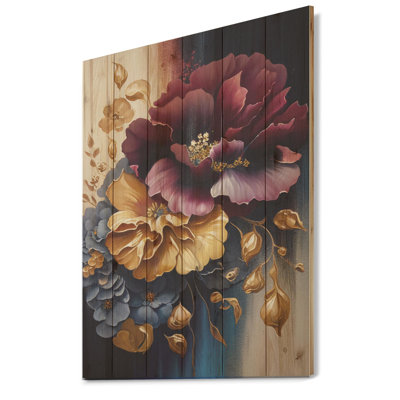 Bourgogne et bouquet de fleurs bleues II - impression sans cadre sur bois