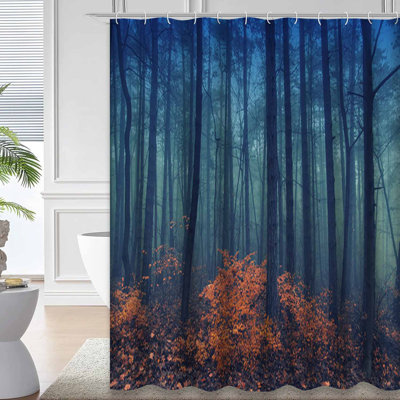 Foggy Autumn Forest Landscape Lovely Nature Shower Curtain with 12 Hooks