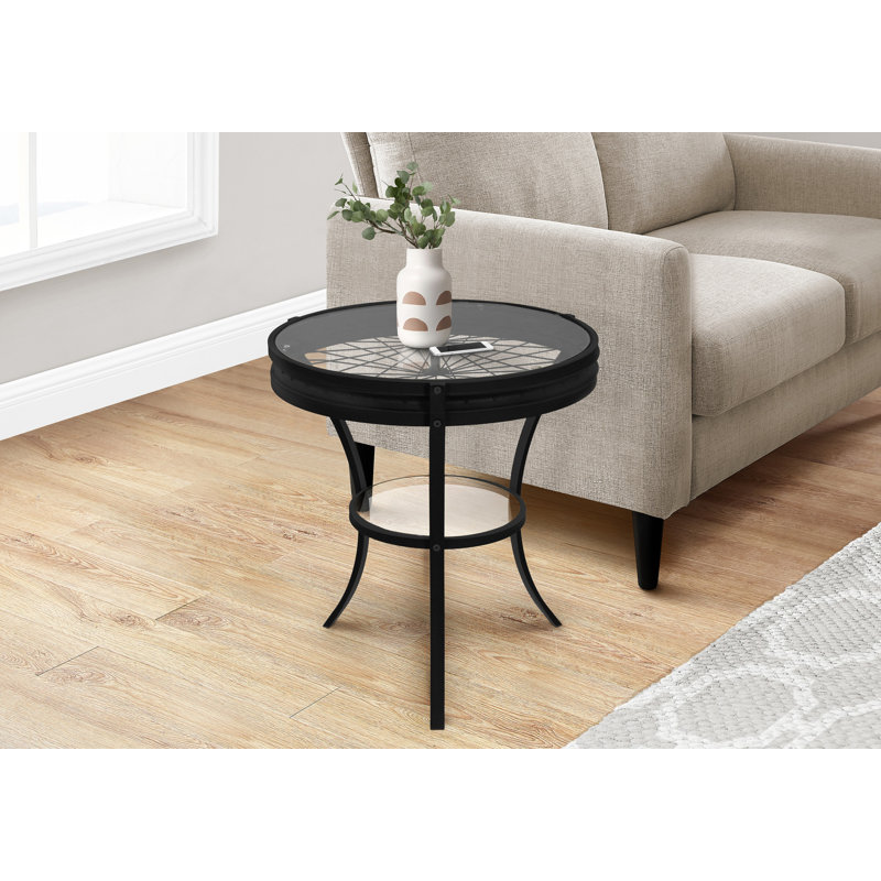 Table d'appoint, côté, bout, table de chevet, lampe, rond, salon, chambre à coucher, verre trempé transparent, métal noir, transitionnel