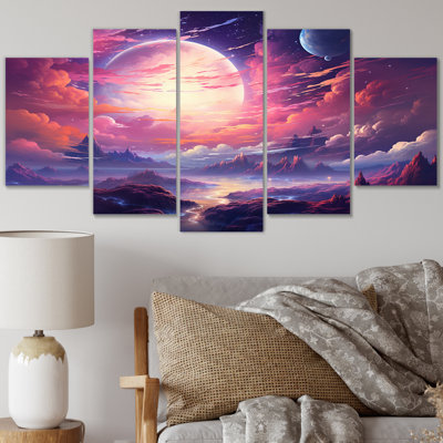 Rose pleine lune sur un paysage de montagne magique I - Art mural sur toile, 5 panneaux