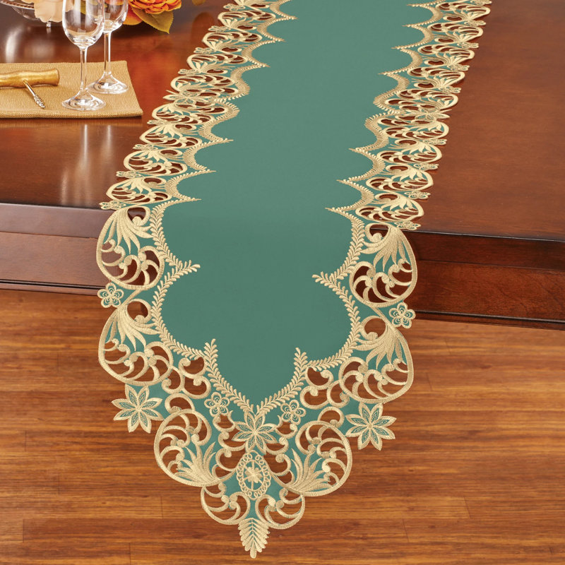 Fern Green Embroidered Polyester Table Runner with Floral Cutouts